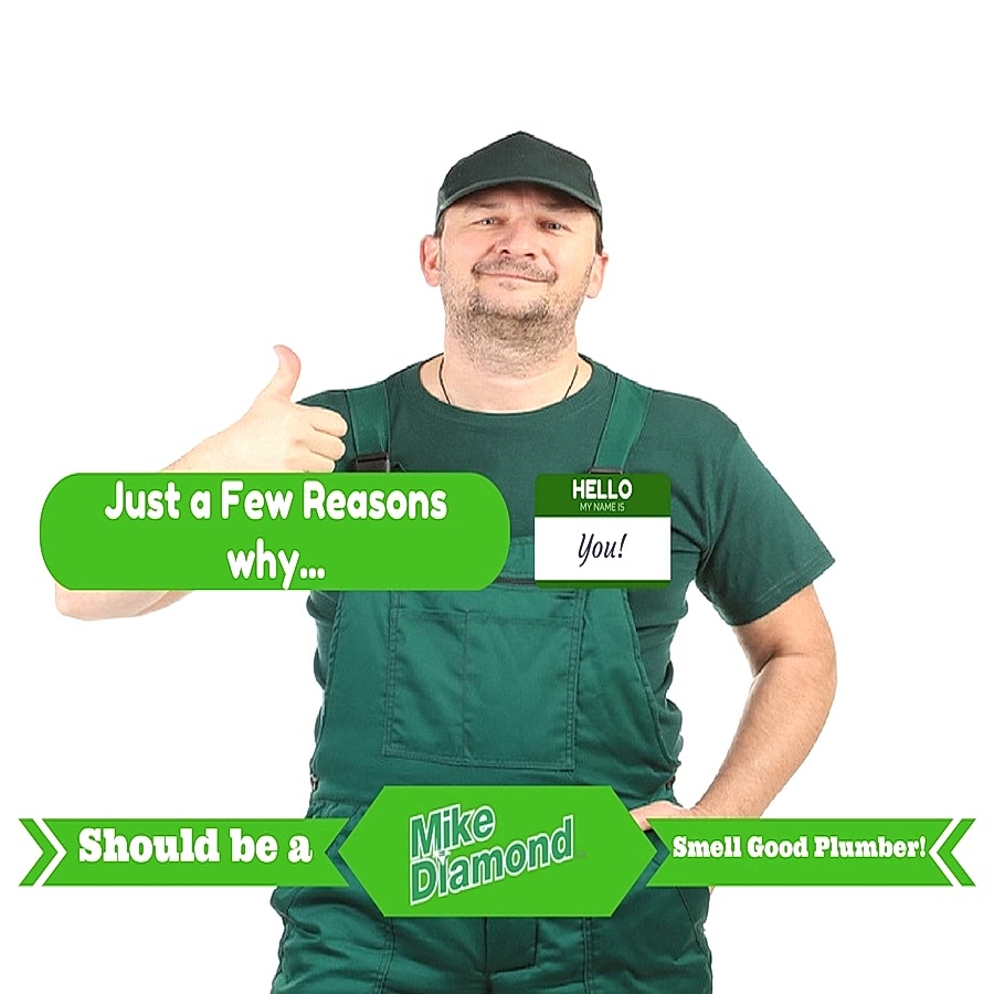 Man in green uniform giving thumbs up. Title reads "Just a few reasons why you should be a Mike Diamond Smell Good plumber"