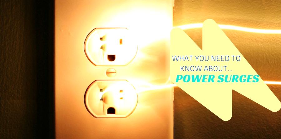Electricity arcing out of a home wall outlet. "What you need to know about power surges"