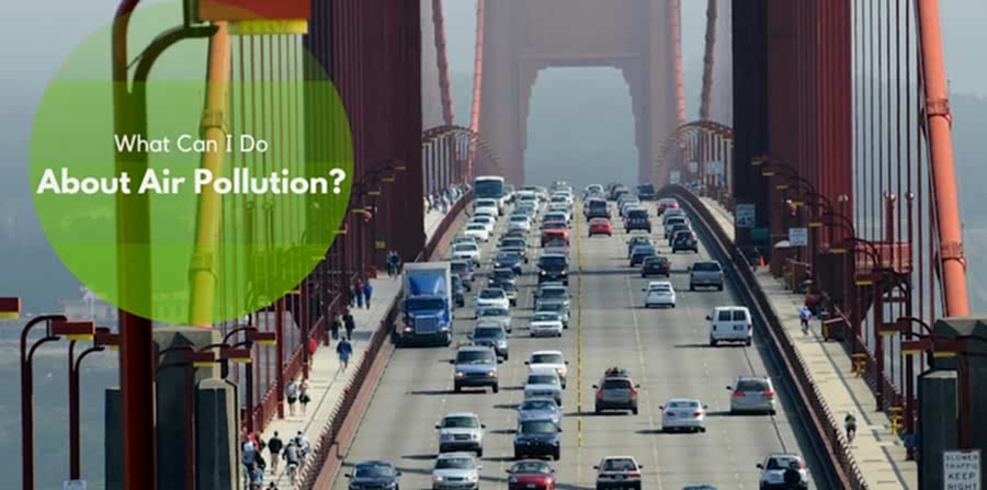 San Francisco bridge busy with traffic on a smoggy day. "What can I Do About Air Pollution?"  