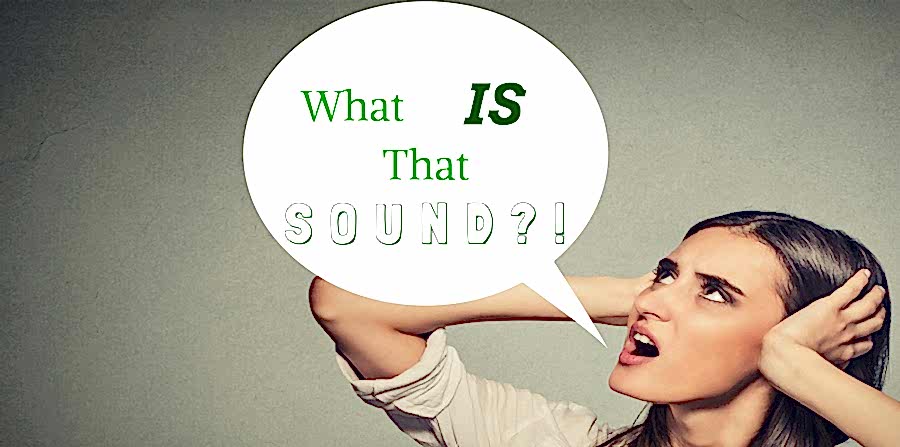 Annoyed looking young woman clasping hands over ears. "What is that Sound?"