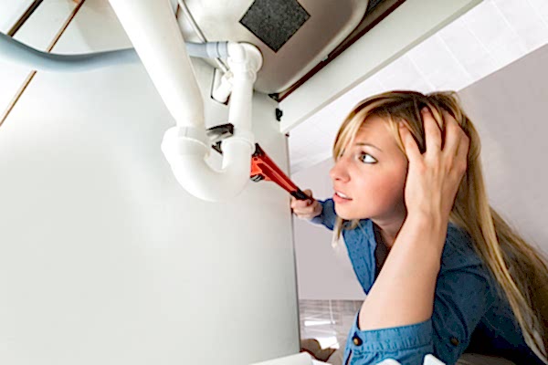 Frustrated looking woman struggling with a sink repair