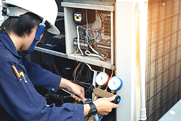 Professional HVAC technician performing repair and maintenance on an outdoor air conditioning unit