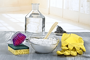 A bottle of vinegar and bowl of baking soda.
