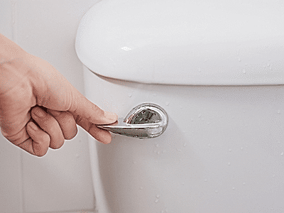 A person tests their toilet lever replacement.