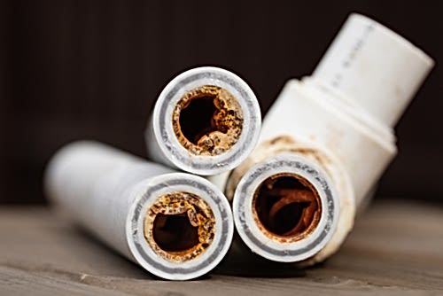 Cross section of pipes with hard water corrosion buildup.